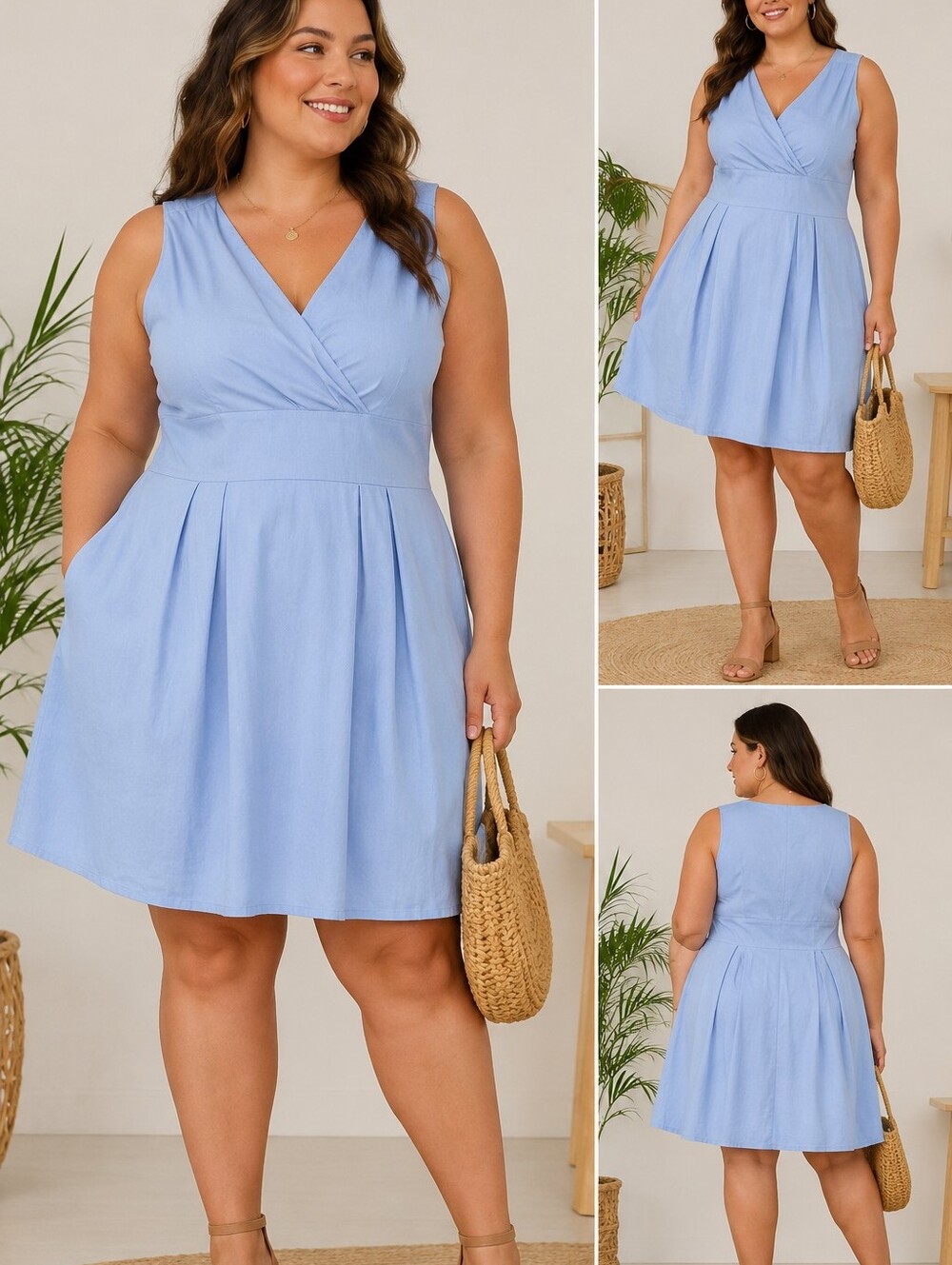 Sucrefas Plus Size Light Blue V-Neck Sleeveless Spring Dress